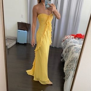 Canary yellow strapless gown with small train